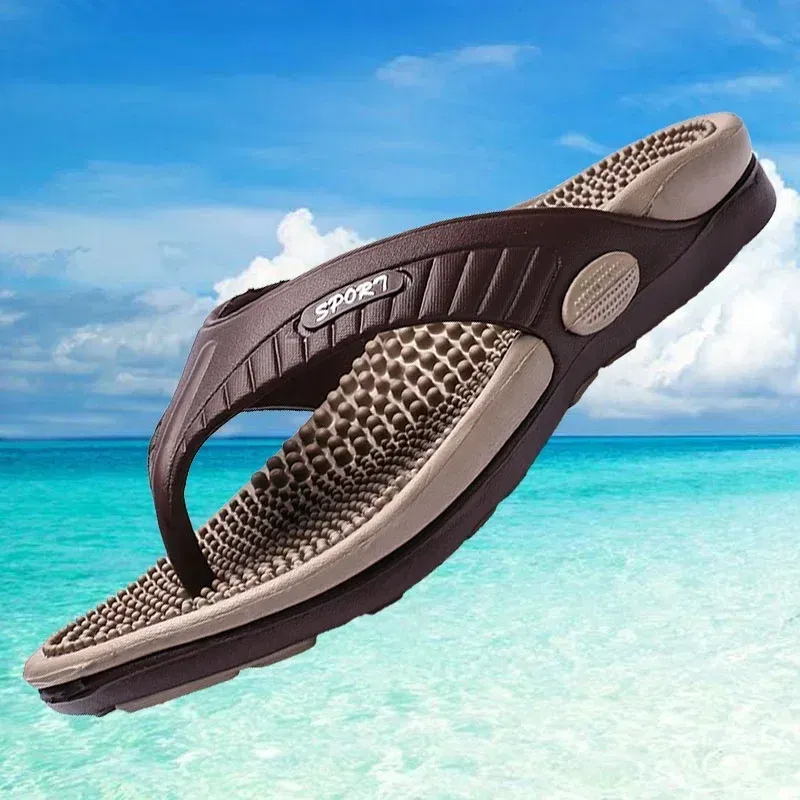 Color: Beige, Shoe Size: 44 - Massage Flip Flops for Men Summer Breathable Beach Shoes Sandals Men Luxury Flip Flops Breathable Plus Plus Size Men Slippers 46