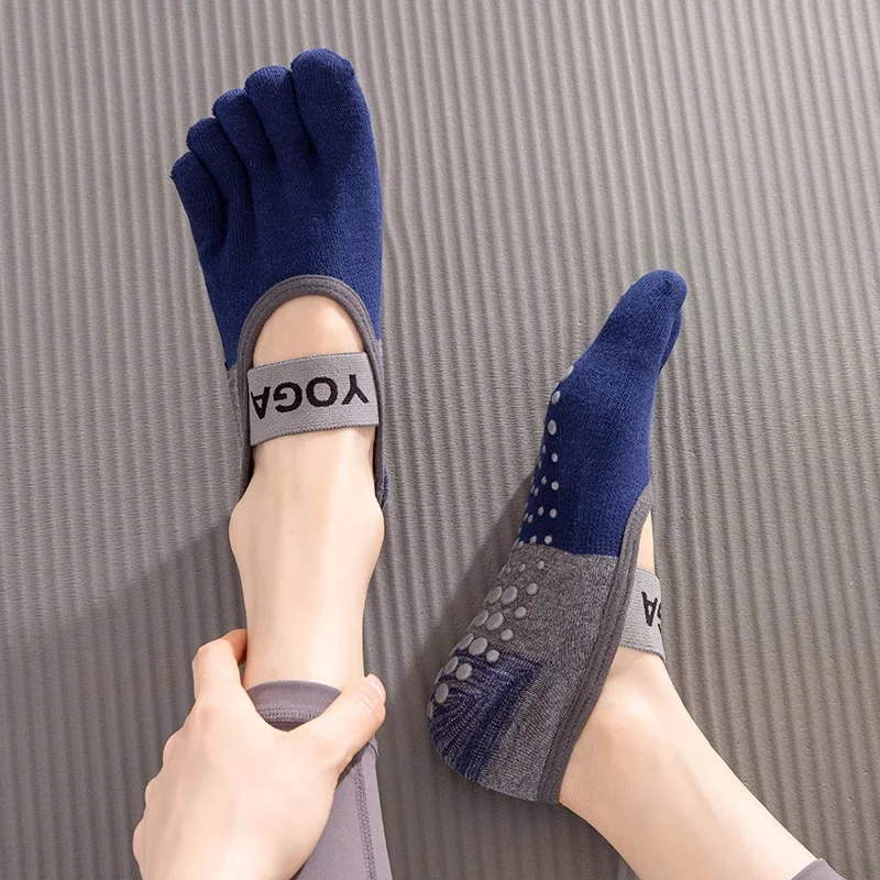 Color: Gold - Ladies Breathable Yoga Socks Silicone Non-Slip Five Finger Pilates Socks for Backless Fitness Ballet Dance Cotton Gym Socks