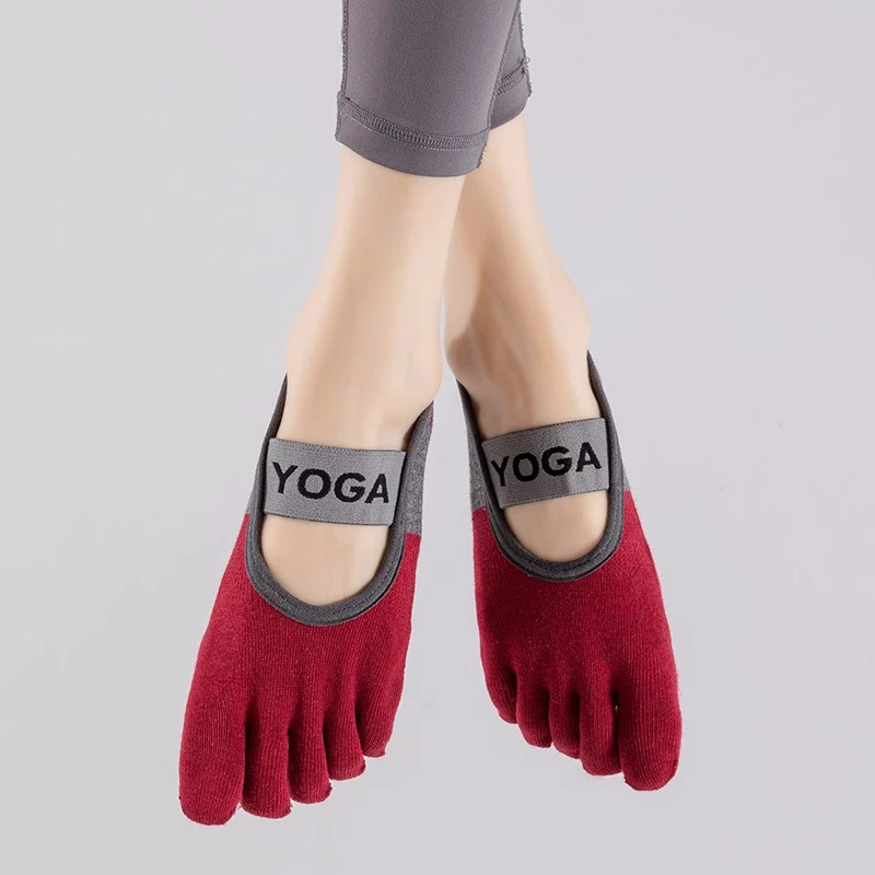Color: Gold - Ladies Breathable Yoga Socks Silicone Non-Slip Five Finger Pilates Socks for Backless Fitness Ballet Dance Cotton Gym Socks