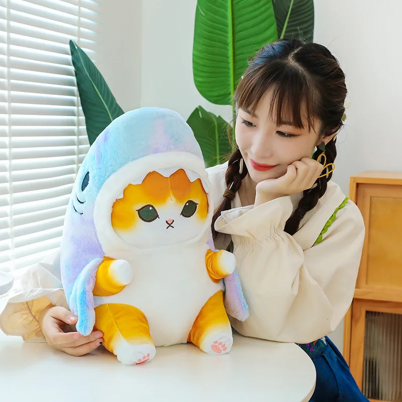 Color: WHITE, Height: 0-10cm - Funny Shark Cat Transformed Cat Doll Plush Toy for Kids, Kawaii Girl Rag Doll, Children's Pillow, Creative Gift, New Product