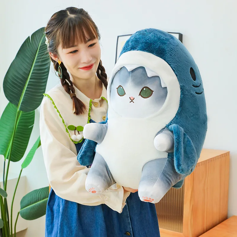 Color: WHITE, Height: 0-10cm - Funny Shark Cat Transformed Cat Doll Plush Toy for Kids, Kawaii Girl Rag Doll, Children's Pillow, Creative Gift, New Product