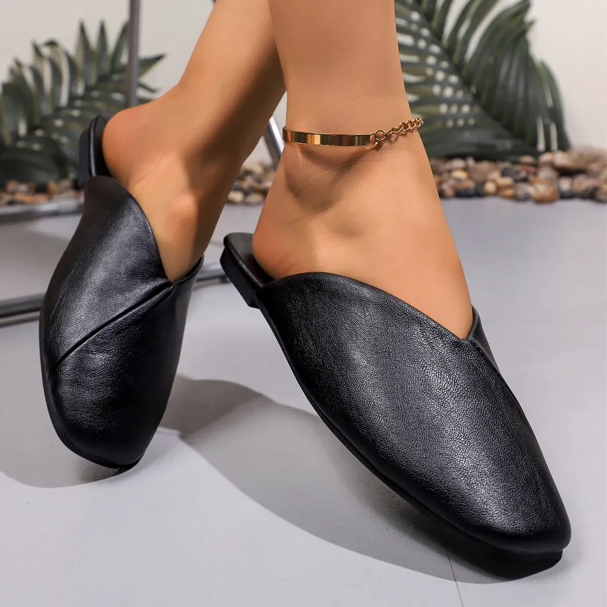 Color: Khaki, Shoe Size: 39 - Fashion Slip on Mules Big Size 43 Flat Slippers 2024 Summer Women Flat Casual Outdoor Square Toe Shoes Ladies Slippers