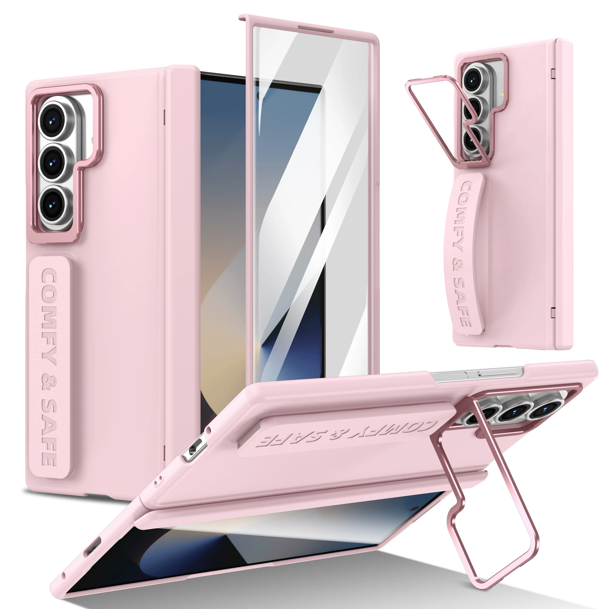 Color: Blue, Material: Wood - For Samsung Galaxy Z Fold 7 6 5 4 3 Wristband Hinge Lens Holder Phone Case Outer Screen Glass Film Protection Shockproof Cover