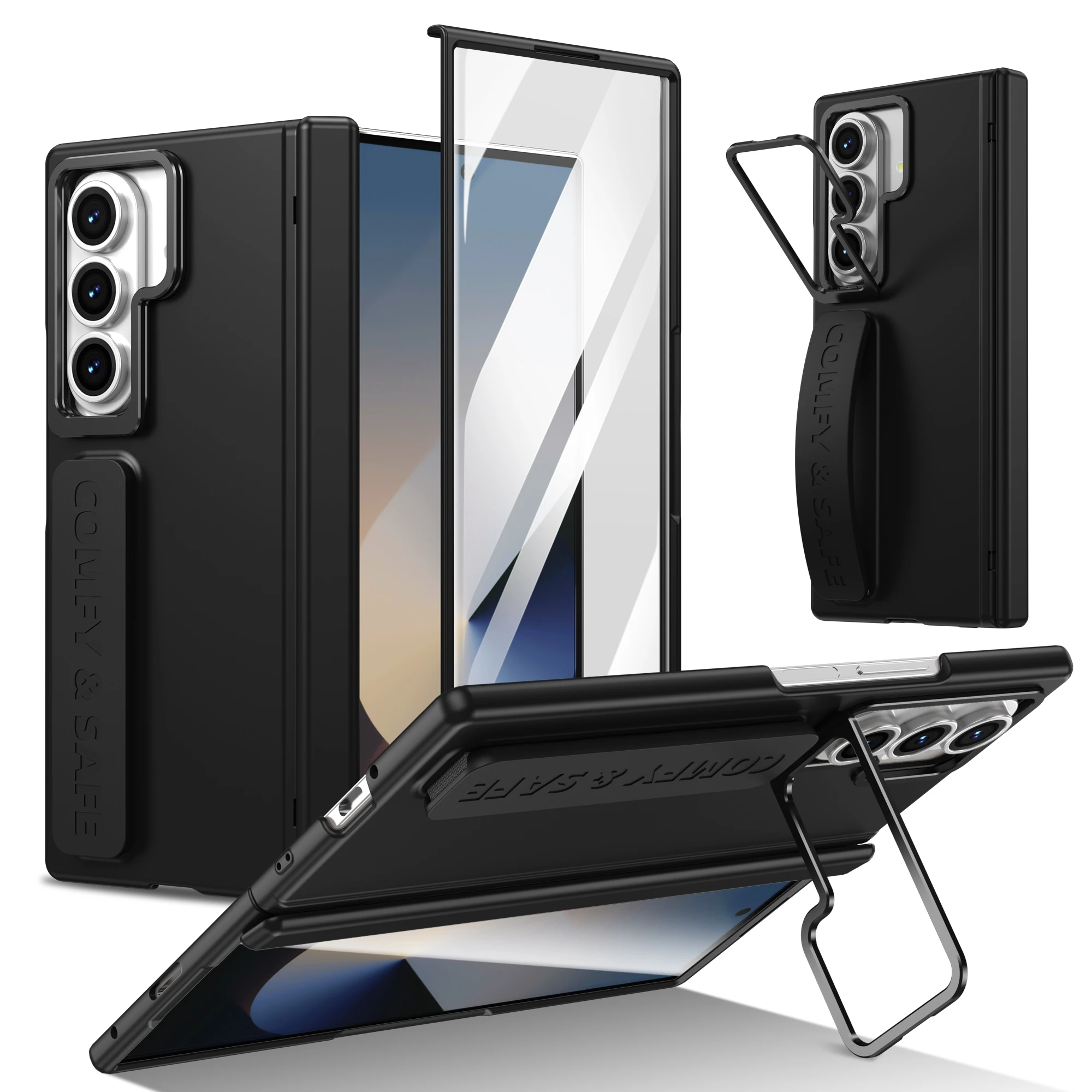 Color: Blue, Material: Wood - For Samsung Galaxy Z Fold 7 6 5 4 3 Wristband Hinge Lens Holder Phone Case Outer Screen Glass Film Protection Shockproof Cover