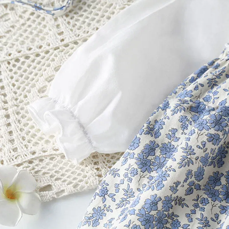 Color: Blue, Kid Size: 6M - Newborn Baby Girls Bodysuits+Hat Printing Stitching Cotton Long Sleeve Infant Baby Girls Jumpsuit Autumn Spring Baby Clothing