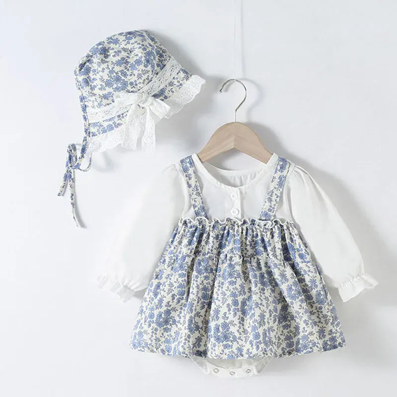 Color: Blue, Kid Size: 6M - Newborn Baby Girls Bodysuits+Hat Printing Stitching Cotton Long Sleeve Infant Baby Girls Jumpsuit Autumn Spring Baby Clothing