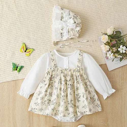 Color: Blue, Kid Size: 6M - Newborn Baby Girls Bodysuits+Hat Printing Stitching Cotton Long Sleeve Infant Baby Girls Jumpsuit Autumn Spring Baby Clothing