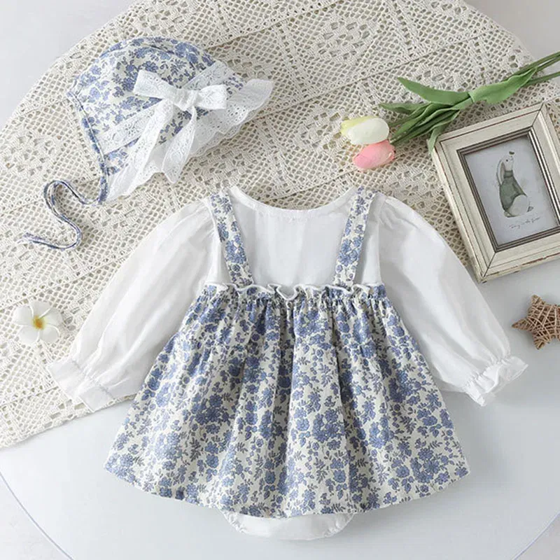 Color: Blue, Kid Size: 6M - Newborn Baby Girls Bodysuits+Hat Printing Stitching Cotton Long Sleeve Infant Baby Girls Jumpsuit Autumn Spring Baby Clothing