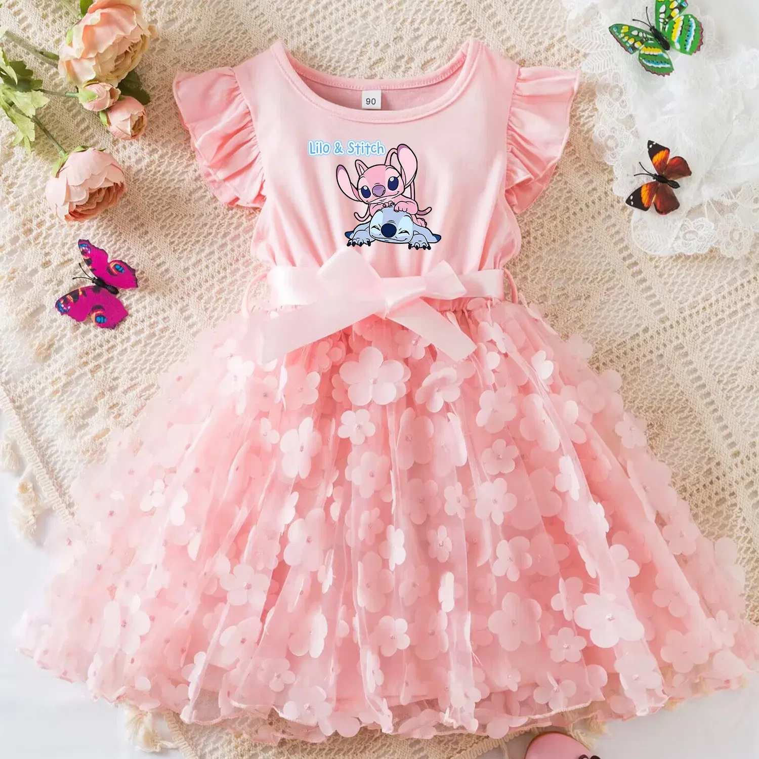 Color: SKY BLUE, Size: XS - 3D Butterfly Cute Lilo Stitch Summer Dress for Kid's Casual Clothes Baby Girls Beautiful Princess Dress Party Dresses 2-6 Yrs