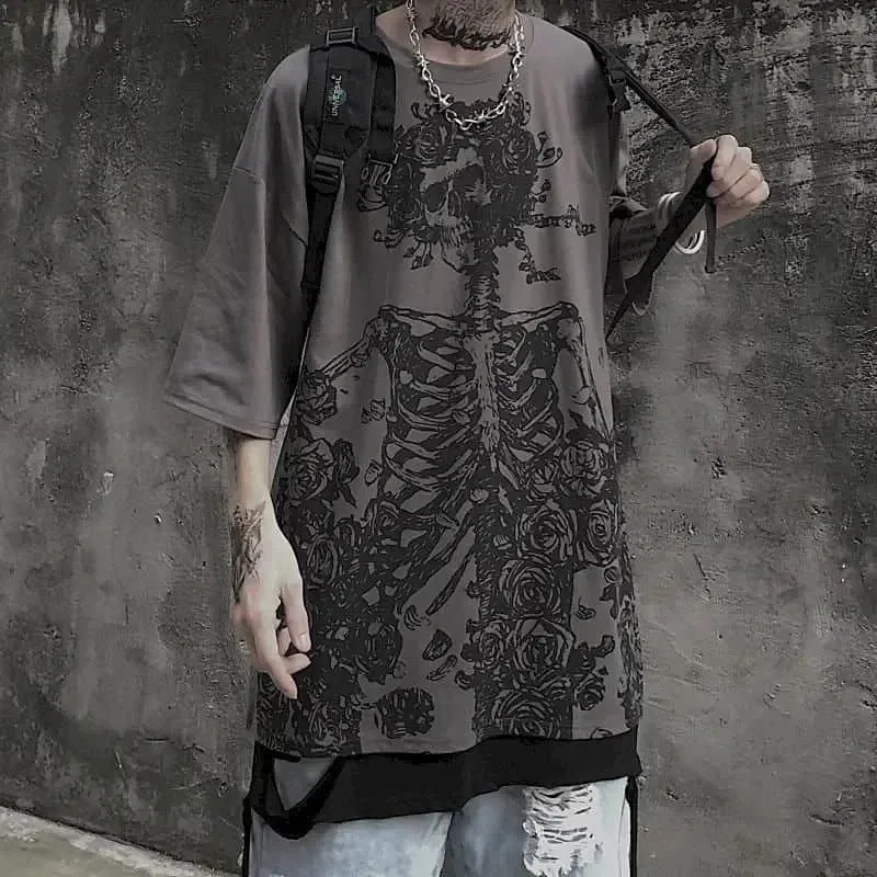 Color: SKY BLUE, Size: L - Men T-shirts 2023 Summer Streetwear High Street Gothic Skull Tshirt Loose Oversized Short-sleeved T shirt Dark Anime Men Y2k Top
