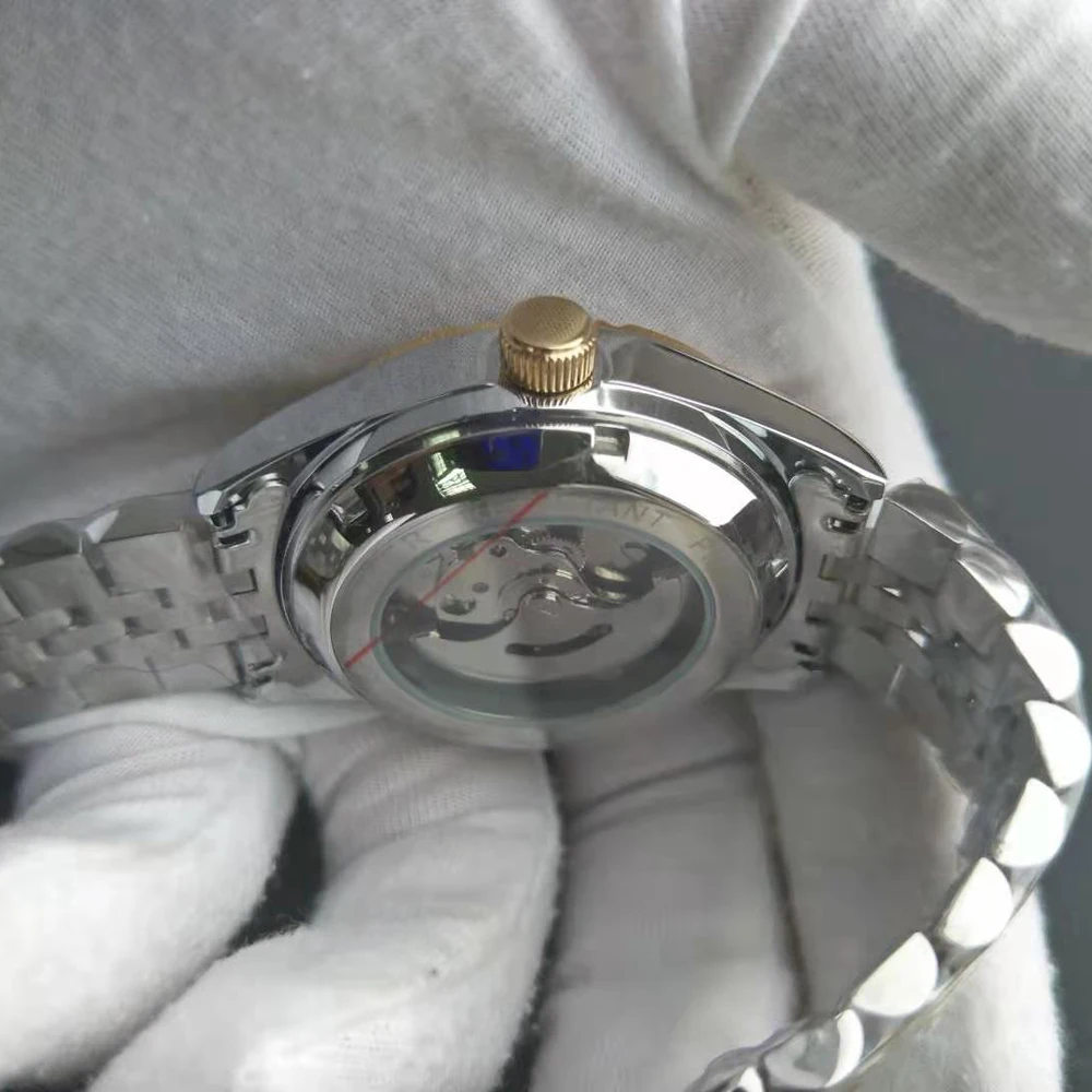 Color: Ivory - Luxury Steel Arabic Numbers Watches Automatic Movement Urdu Numerals Mechanical Wristwatch Men Waterproof Erkek Saatleri