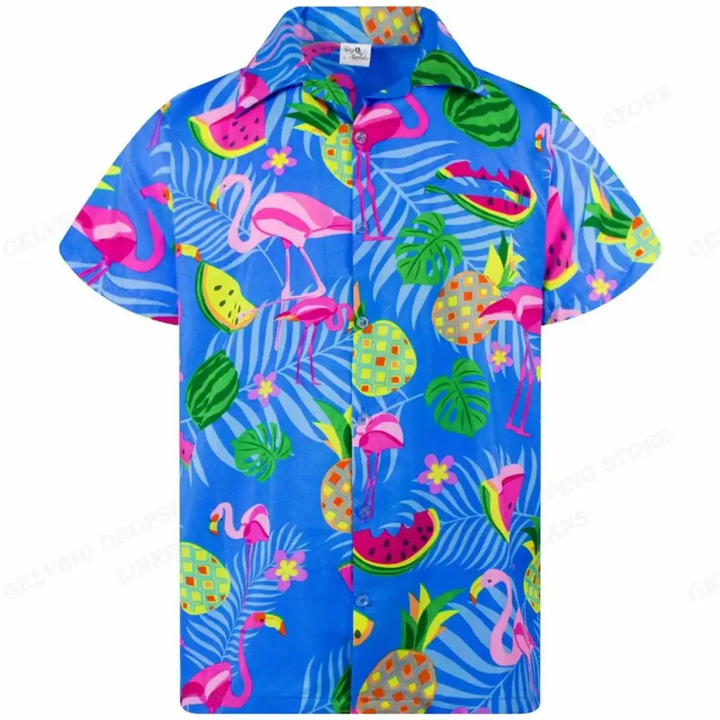 Color: Gold, Size: XL - Flamingo Hawaiian Shirts Beach Summer Men's Shirt Tropic Leaf 3D Print Shirts Men Women Fashion Blouse Short Sleeve Vocation