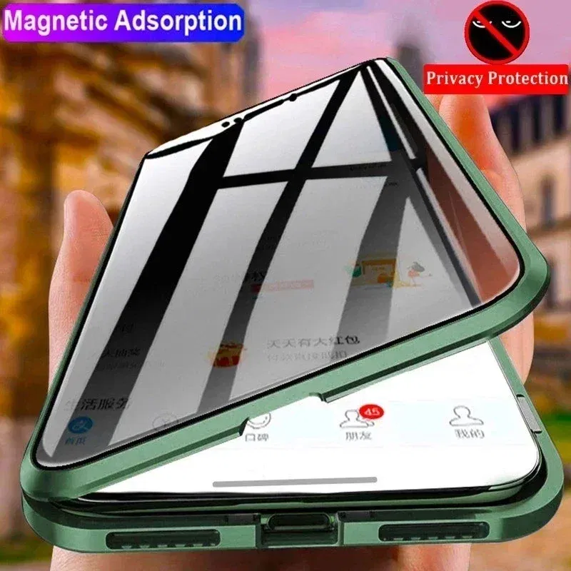 Color: Red, Material: PP - Double-Sided Privacy Magnetic Case For iPhone 16 12 13 14 15 11 Pro Max 14 Plus 16 Plus Anti Peeping Full Cover Metal Frame Case