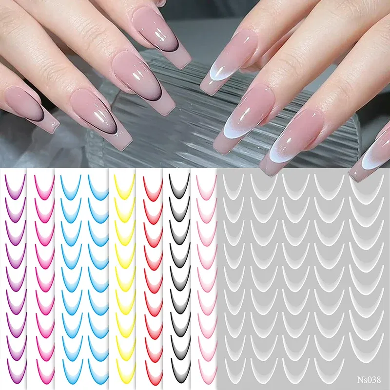 White French 3D Nail Stickers Manicure Gradient Line Flower Nail Art Designs Self-Adhesive Nail Tips Guides for DIY Decoration