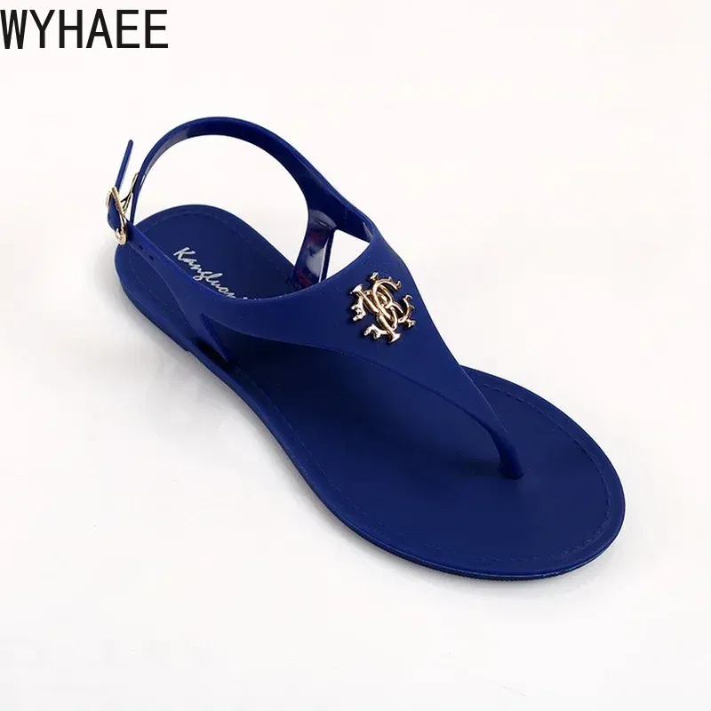 Color: Blue, Shoe Size: 38 - 2023 New Summer Women's Sandals Fashion Open Toe Jelly Flip Flops Non-slip Buckle Flat Sandals All-match Women's Sandals