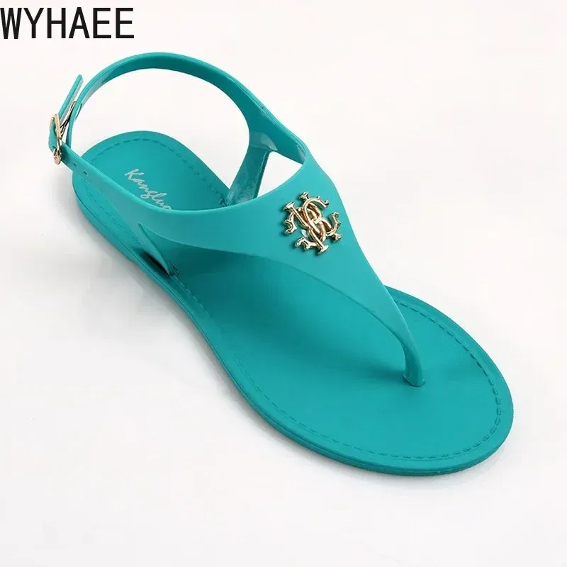 Color: Blue, Shoe Size: 38 - 2023 New Summer Women's Sandals Fashion Open Toe Jelly Flip Flops Non-slip Buckle Flat Sandals All-match Women's Sandals