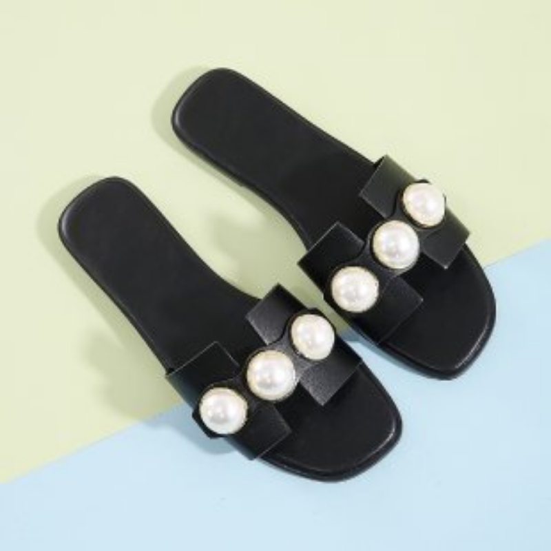 Color: Beige, Shoe Size: 39 - Slippers Women 2025 New Flat Slippers Party Shoes Fashion Pearl Sandals Slippers Roman Women Flip-Flops Casual Beach Shoes Trend