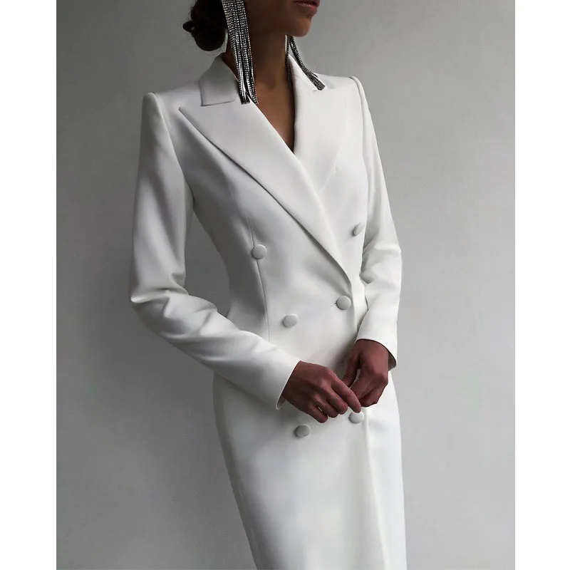 Color: GRAY, Size: L - Women's Suit Long Blazer Double Breasted Jacket White Tuxedo Party Point Lapel Clothes спор?‚ивн?‹й кос?‚юм ?¶?µнск
