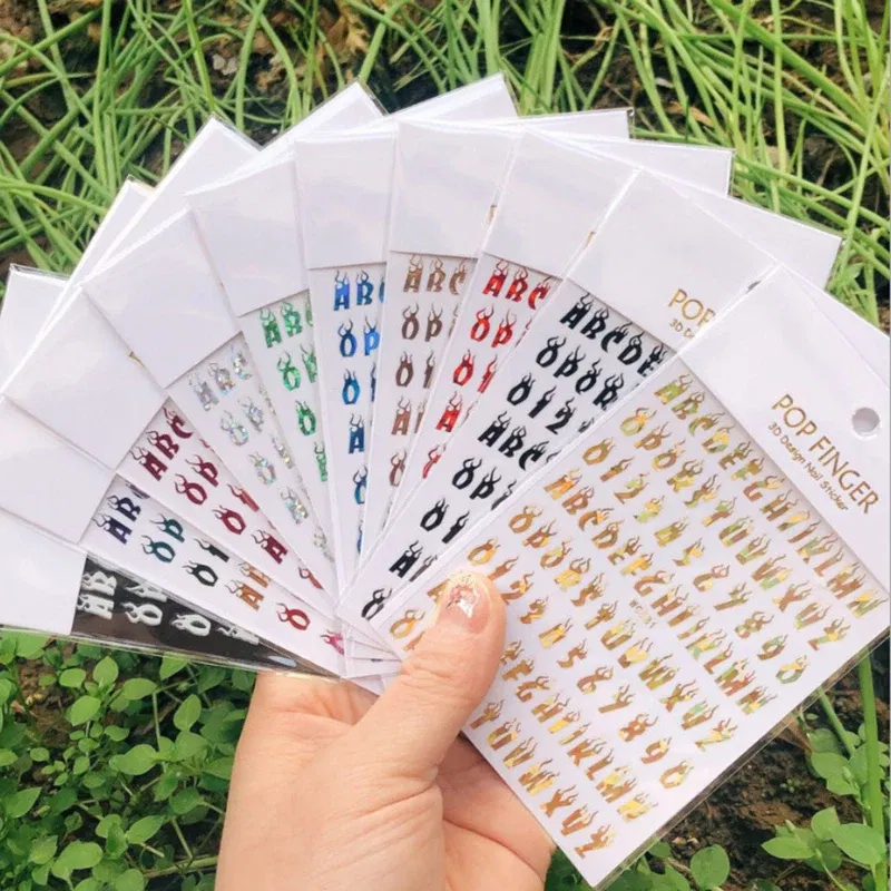 Color: Slate - 1PCS New English Alphabet Nail Stickers Multi-Color Laser Reflective Nail Slider Art Cool Text Nail Kit
