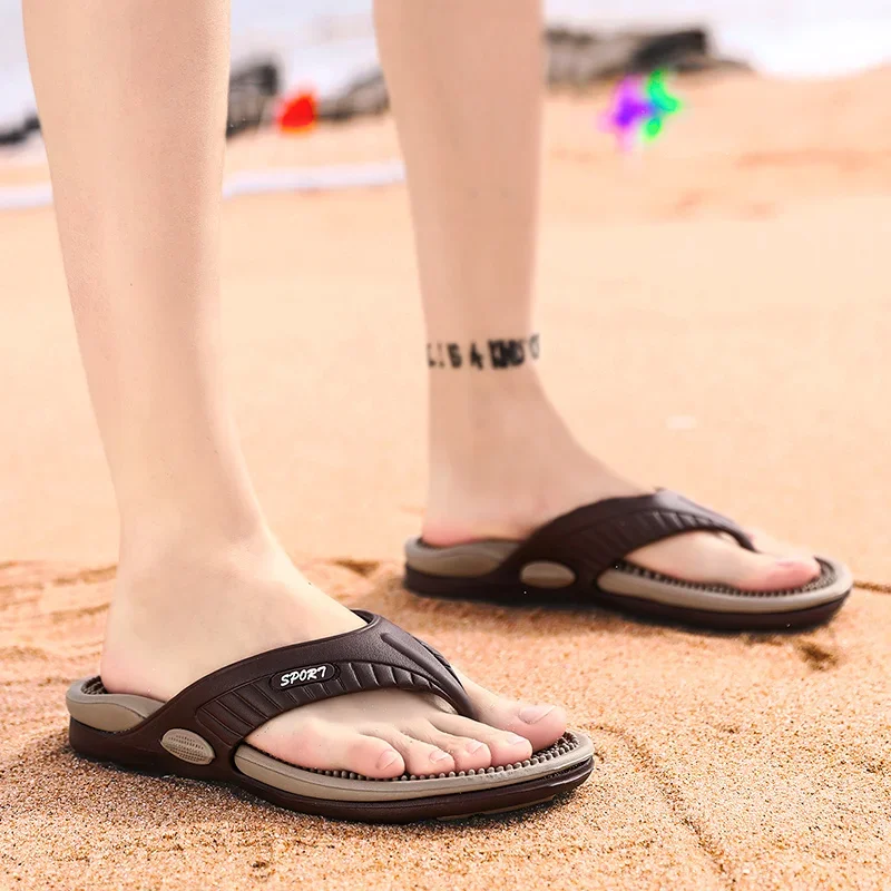 Color: Beige, Shoe Size: 45 - Massage Flip Flops for Men Summer Breathable Beach Shoes Sandals Men Luxury Flip Flops Breathable Plus Big Size Men Slippers 46