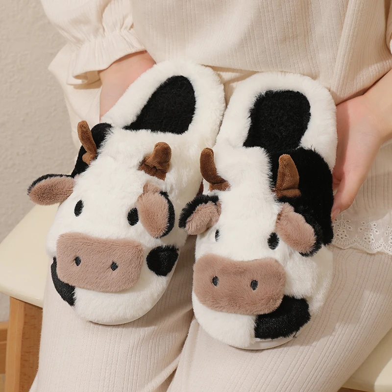 Color: black, Shoe Size: 42 - New Winter Unisex Cartoon Cow Warm Plush Slippers Couple's Indoor Non-slip House Mule Men And Women Toe Wrap Home Cotton Shoes