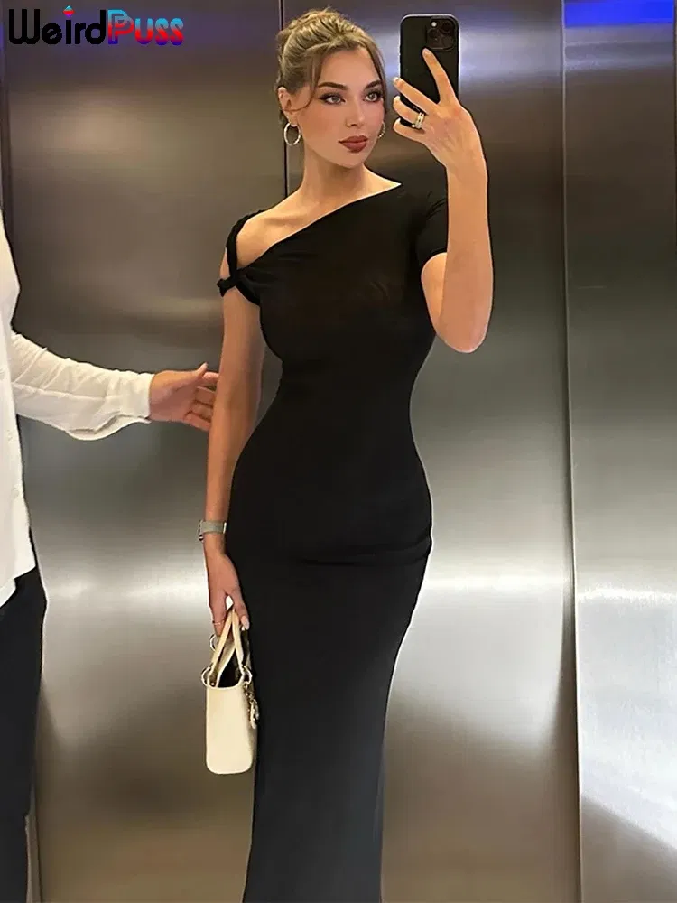 Color: black, Size: L - Weird Puss Bandage Dress Woman Summer Sexy Irregular Solid Sheath Chic Stretch  Body-Shape Smooth Birthday Party Elegant Bodycon