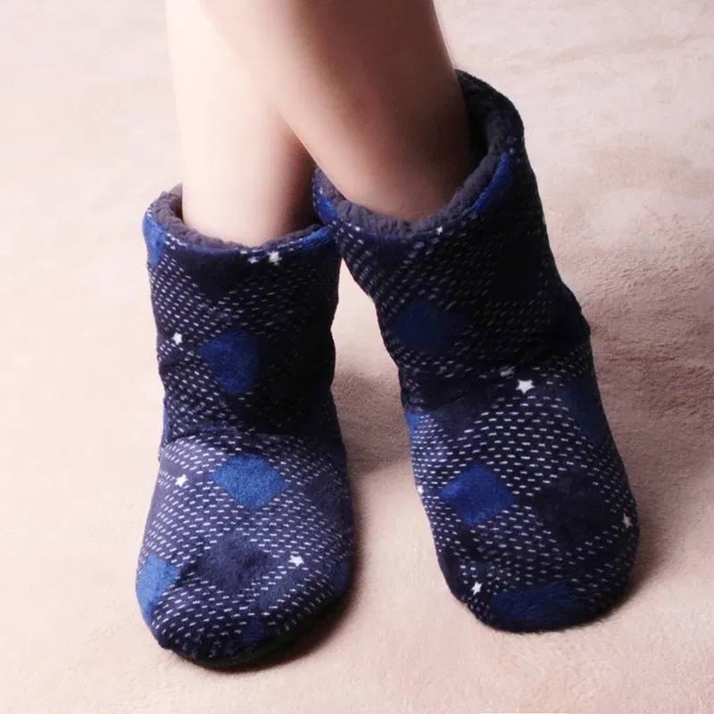 Color: Blue, Shoe Size: 42 - Mntrern Casual Men Shoes Home Slippers Lattice Soft Plush Male House Slippers Warm Winter New Cotton Slippers Shoes Men Big Size