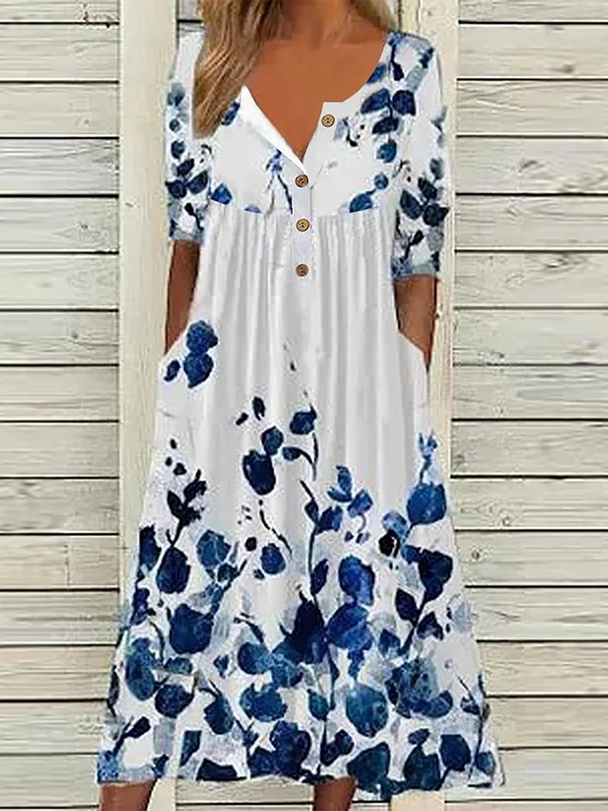Color: Beige, Size: 5XL - 2024 Europe and the United States spring new fashion printed V-neck button short sleeve plus size women's size women's pocket
