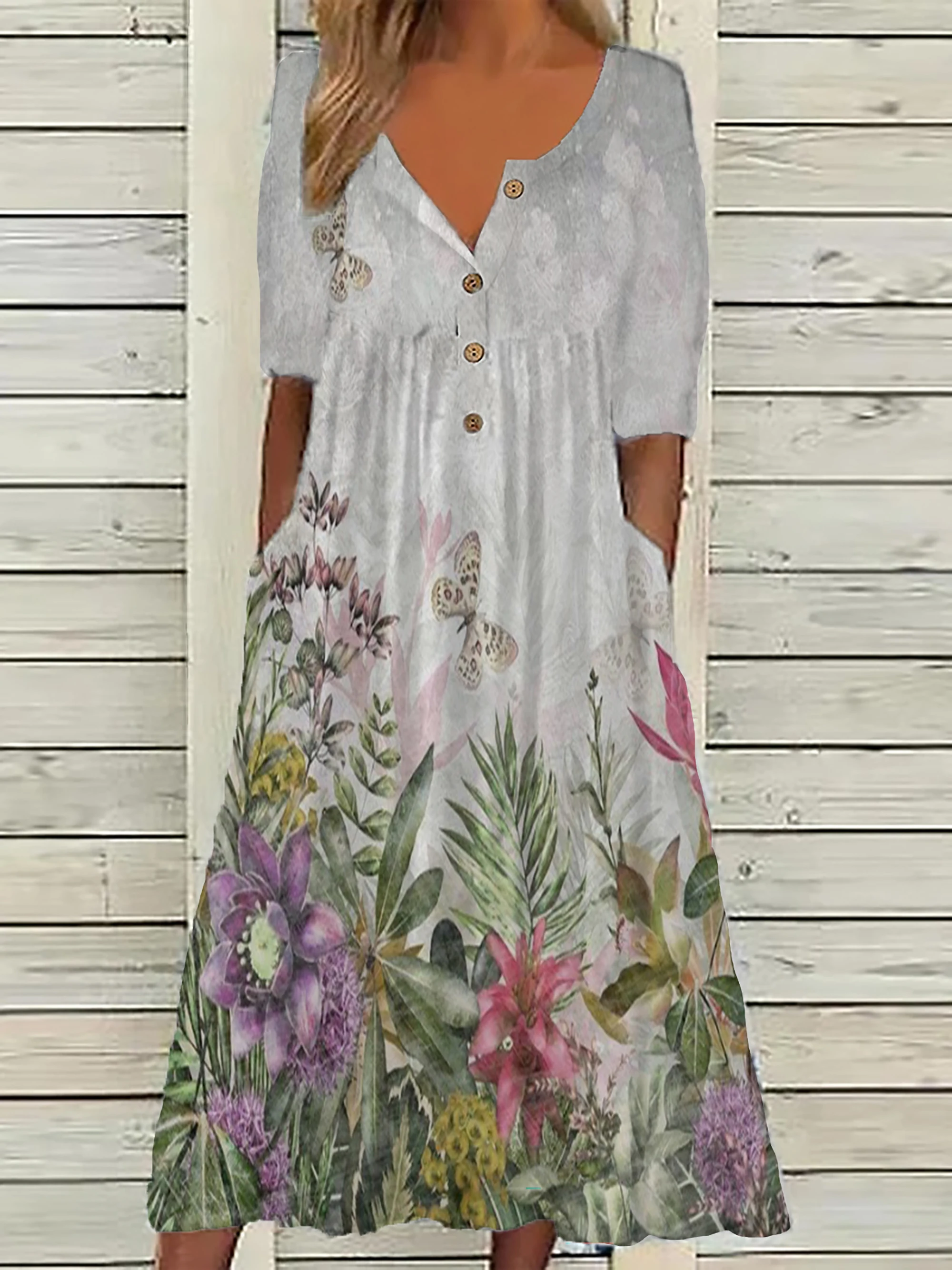 Color: Beige, Size: 5XL - 2024 Europe and the United States spring new fashion printed V-neck button short sleeve plus size women's size women's pocket