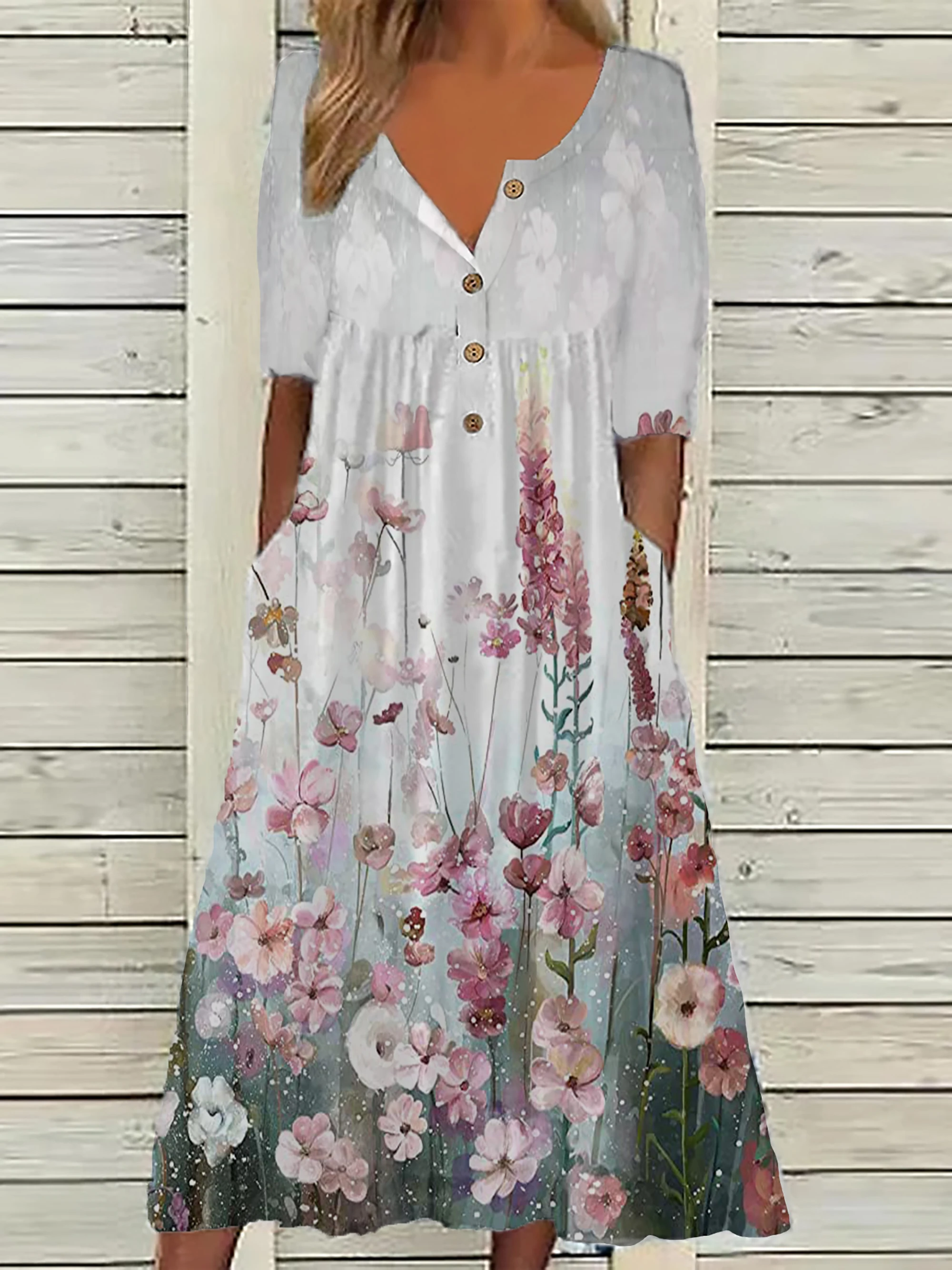 Color: Beige, Size: 5XL - 2024 Europe and the United States spring new fashion printed V-neck button short sleeve plus size women's size women's pocket