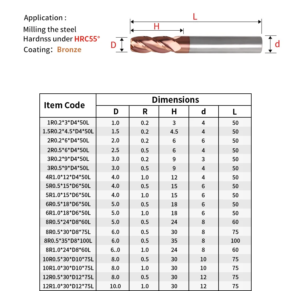 Cutting Edge Diameter: 2.4MM, Dimensions: 3.175*3.175*10 - AUGT HRC55 Carbide Bull Nose End Mill 4Flutes Copper Milling Cutter Alloy Coating Tungsten Steel Cutting Tool For CNC Maching