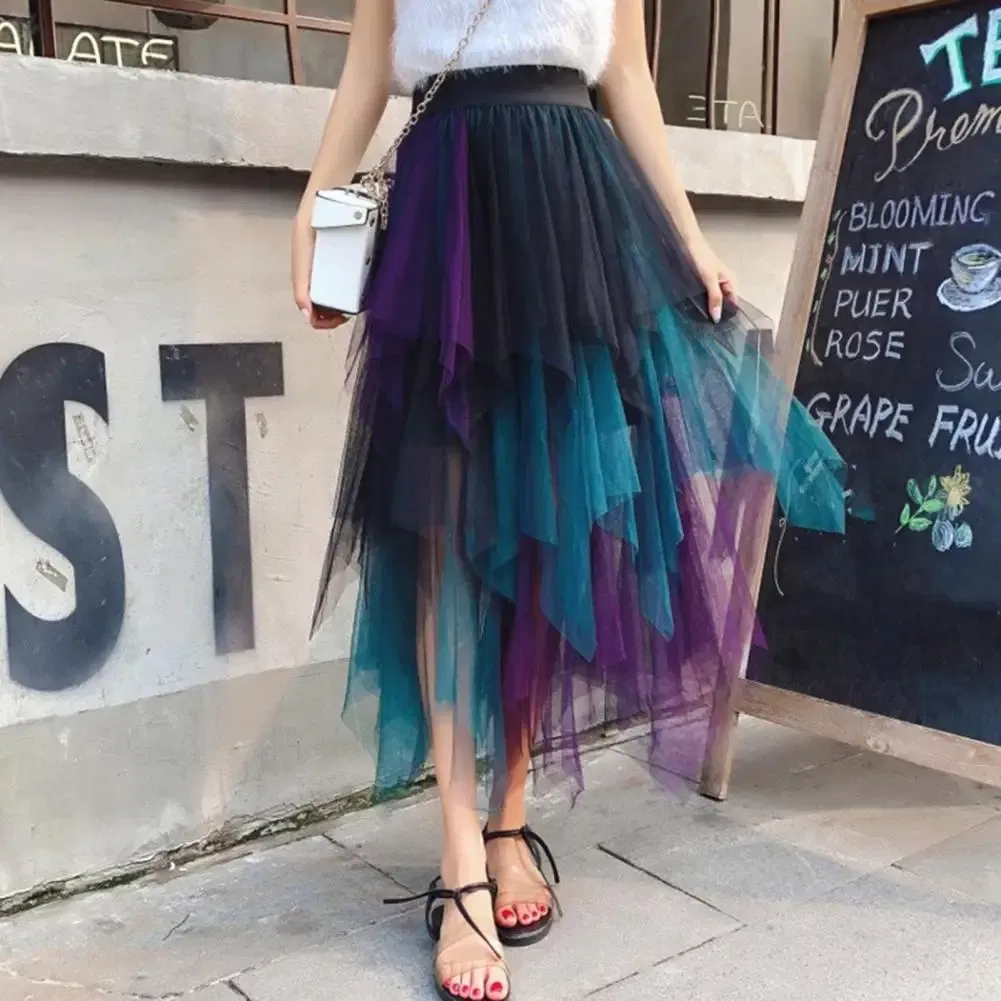 Color: green, Size: L - 2025 Irregular Mesh Women Skirt High Elastic Waist Colorful Mesh Multi-layered Soft Mid-calf Length Pleated Women Midi Skirt