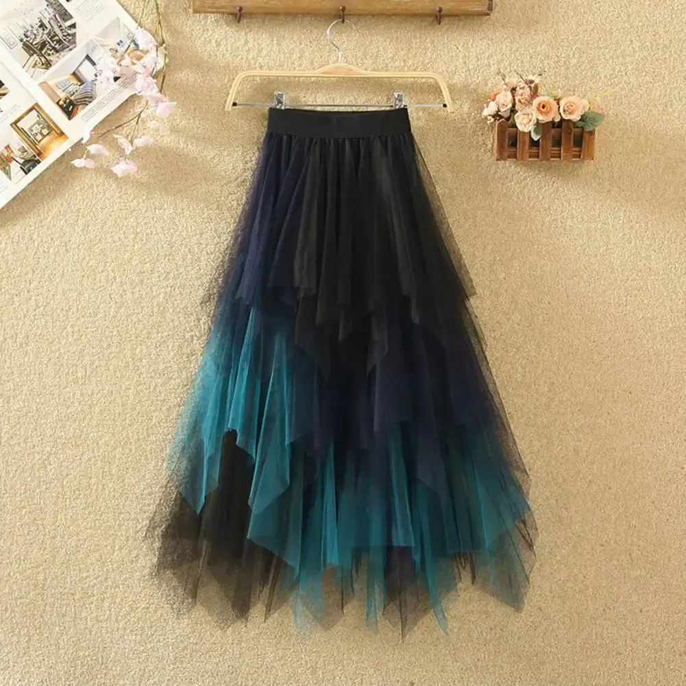 Color: green, Size: L - 2025 Irregular Mesh Women Skirt High Elastic Waist Colorful Mesh Multi-layered Soft Mid-calf Length Pleated Women Midi Skirt