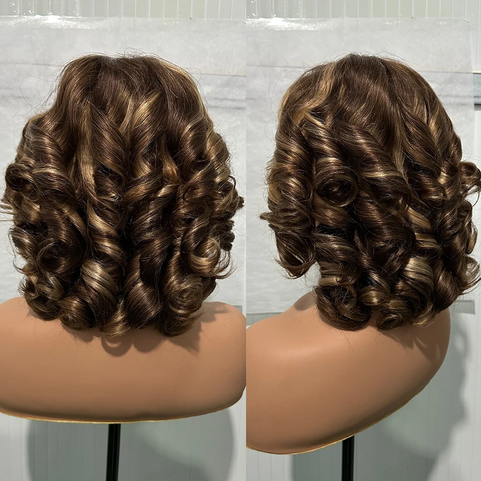 Hair Color: Natural Color, Density: 250%, Stretched Length: 12inches - 100% Human Hair Wig Highlight Bob Bouncy Loose Curly 12" 250% Density 5x5 HD Lace Closure Glueless Wigs Human Hair Ready To Wear