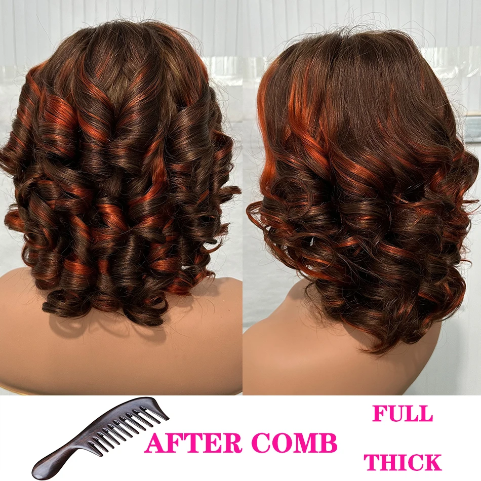 Hair Color: Natural Color, Density: 250%, Stretched Length: 12inches - 100% Human Hair Wig Highlight Bob Bouncy Loose Curly 12" 250% Density 5x5 HD Lace Closure Glueless Wigs Human Hair Ready To Wear