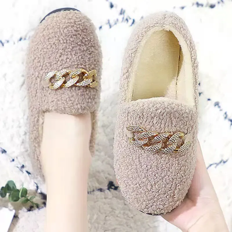Color: Khaki, Shoe Size: 37 - Womens Slippers Warm Short Plush Lining House Shoes Moccassins Slip on Fashion Lady Flats Loafers Non Slip 2023