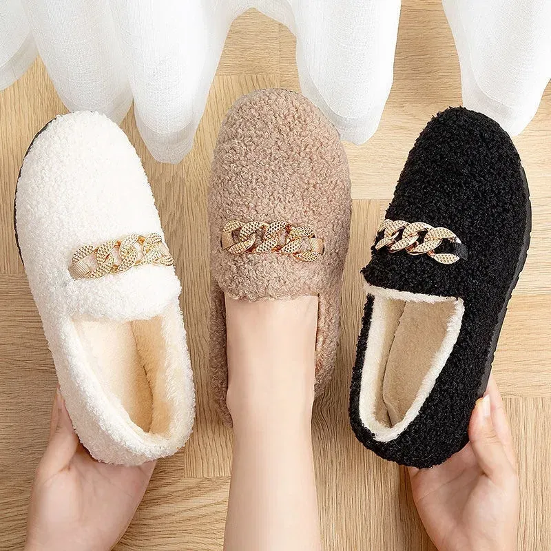 Color: Khaki, Shoe Size: 37 - Womens Slippers Warm Short Plush Lining House Shoes Moccassins Slip on Fashion Lady Flats Loafers Non Slip 2023