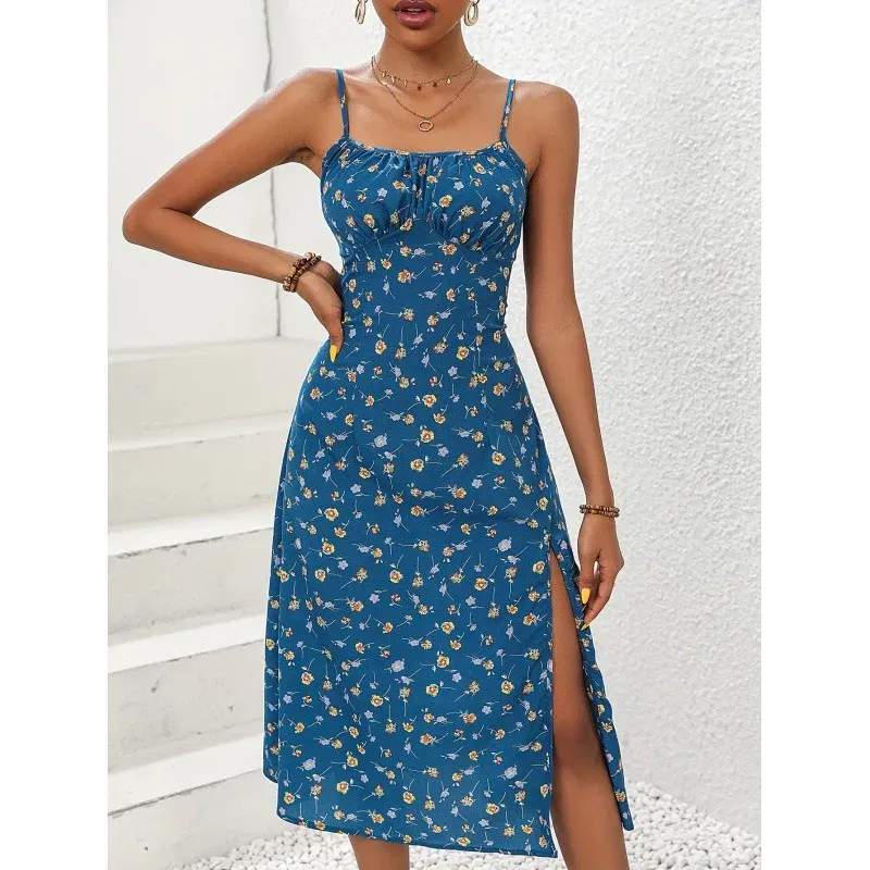 Color: Beige, Size: XL - 2025 Summer Sexy Spaghetti Straps Dress Women Fashion Polka Dot Print Sleeveless Slit Dress Boho Casual Beach Midi Dresses