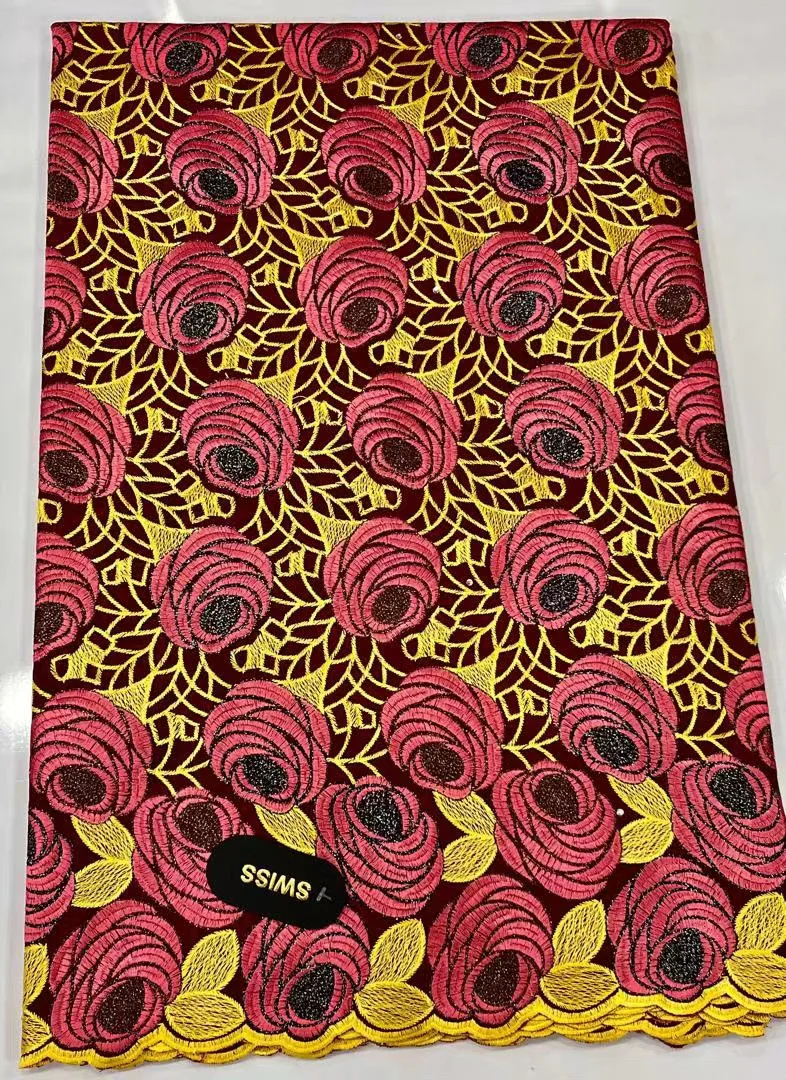Color: Pink, Length: 5 yards, Width: 120cm - Nigerian Cotton Voile Lace Fabrics With Stones 2024 African Swiss Voile Lace Fabric For Wedding Sewing Women Wedding Party Dress