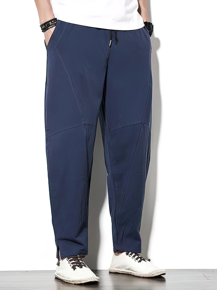 Color: green, Size: M - 100% Cotton Linen Pants Men Baggy Casual Trousers Male Walking Wide leg Loose Sweatpants Chinese Summer Jogger Pants 2025 New