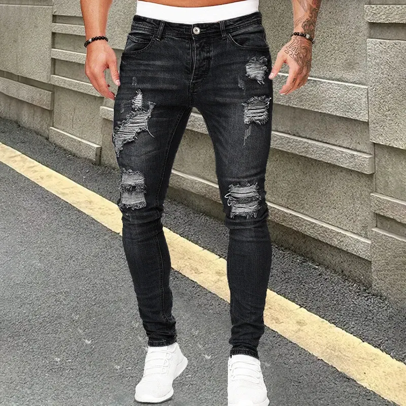 Color: Blue, Size: S, Ships From: CHINA - Men's Punk Hip Hop Black Fashion Jeans Spring summer New Rock Motorcycle Street Wear Tight Casual Denim pants Straight leg pants