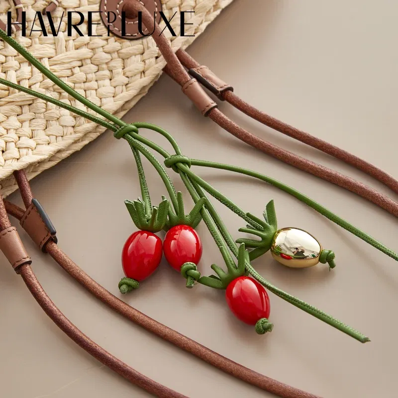 Color: Brown - Cowhide bag charm exquisite tomato string pendant woman all-match cute backpack pendant bag accessories