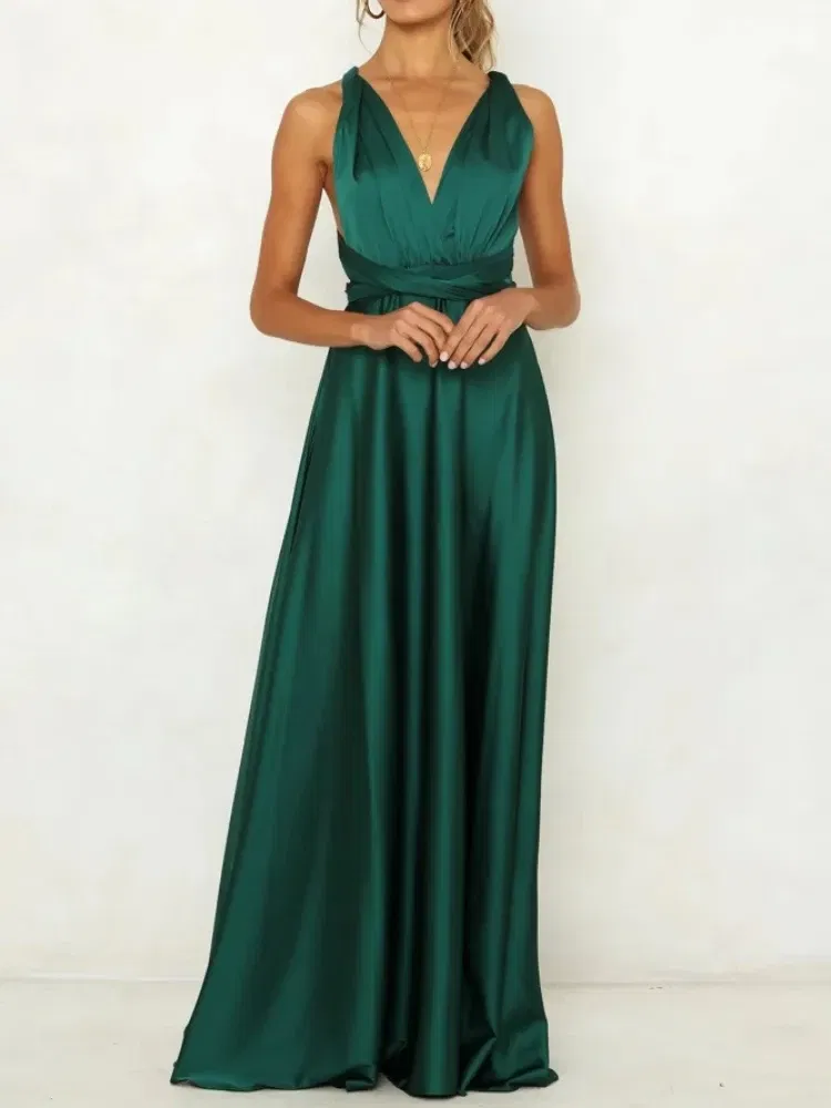 Color: green, Size: M - Summer New Women's Long Dress Fashion Temperament Solid Color Bandage V-neck Sexy Women's Backless High-waisted Swing Dress
