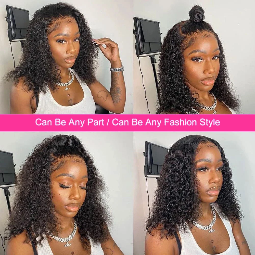 Hair Color: #1B, Ships From: United States, Stretched Length: 12INCHES, Density: 180% - Water Wave Bob Wig Glueless Preplucked Human Wigs Ready To Go 13x4 Frontal Brazilian Wigs HD Transparent Lace Wig Deep Curls