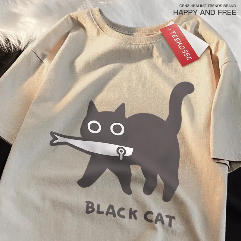 Color: GRAY, Size: XL - Fun A Black Cat Eating Fish Japanese Style Men Women T-Shirt Fashion Print T Shirt Breathable Oversize T-Shirts Cotton Clothes