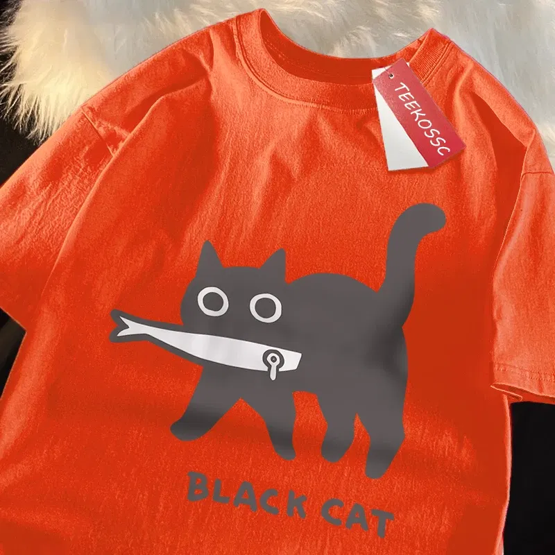 Color: GRAY, Size: XL - Fun A Black Cat Eating Fish Japanese Style Men Women T-Shirt Fashion Print T Shirt Breathable Oversize T-Shirts Cotton Clothes