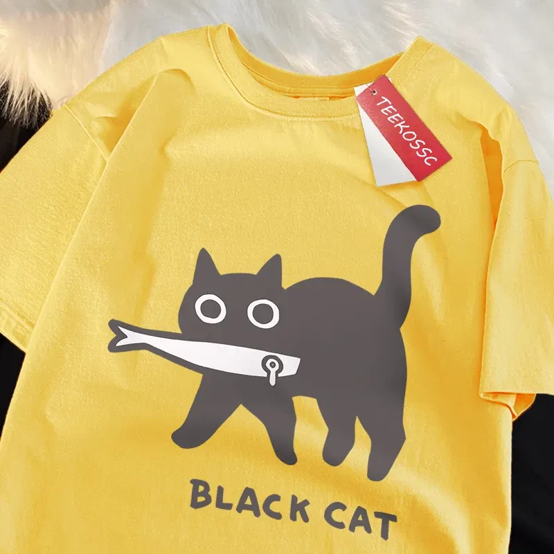 Color: GRAY, Size: XL - Fun A Black Cat Eating Fish Japanese Style Men Women T-Shirt Fashion Print T Shirt Breathable Oversize T-Shirts Cotton Clothes