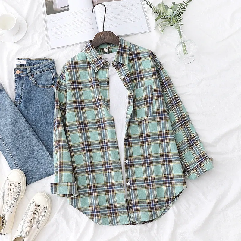 Color: Lavender, Size: L - Fresh Flannel Plaid Shirt Women 2025 New Female Blouses and Tops Cotton Loose Long Sleeve Casual Shirts Fine Women's Clothes