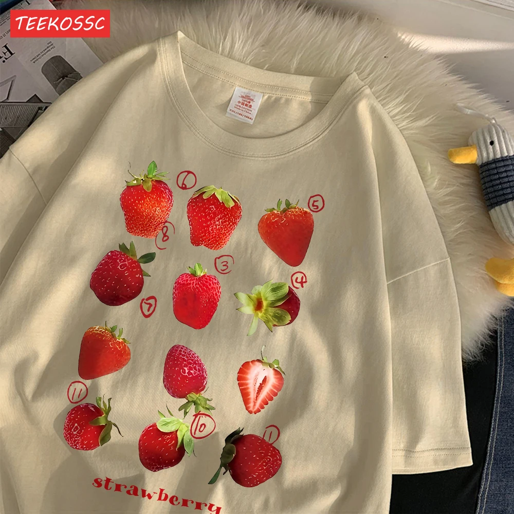 Color: Beige, Size: S - 100% Cotton Women T-shirt Cute Fresh Strawberries Printed Tee Shirt Summer Comfortable Loose Tops Street Fashion Female Clothes