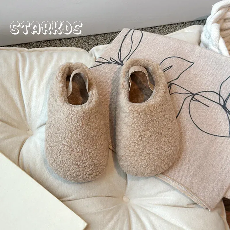 Color: Dark Khaki, Shoe Size: 22.5 - Teddy Fur Mule For Baby Kids Winter Warm Plush Slipper Toddler Child Casual Pull-on Fluffy Cotton Shoe with Back Elastic Strap